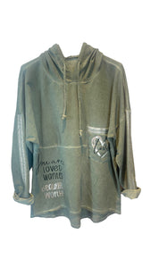 SAGE GREEN SILVER HEART BEAUTIFIUL COTTON HOODY Sweater Karma OS Sage Green 