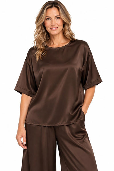 SATIN BROWN CREW NECK TOP Top Pistache S Brown 