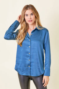 SATIN BUTTON DOWN BLOUSE Blouse FashionWear Collection S Sea Blue 