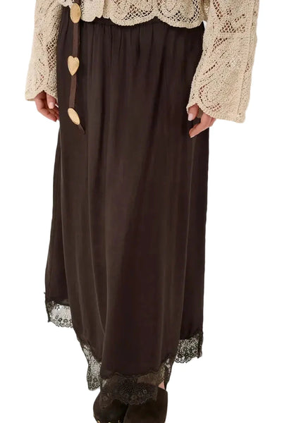 SATIN SKIRT WITH ELASTIC WAIST AND LACE TRIM Skirt CREAM 34 Brown 