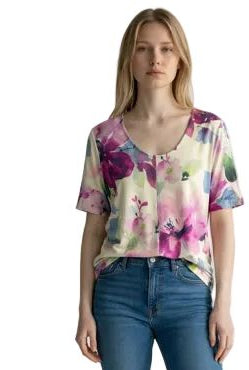 SCOOP NECK FLOWY FLORAL SHORT SLEEVE TOP Jacket GG Jeans 