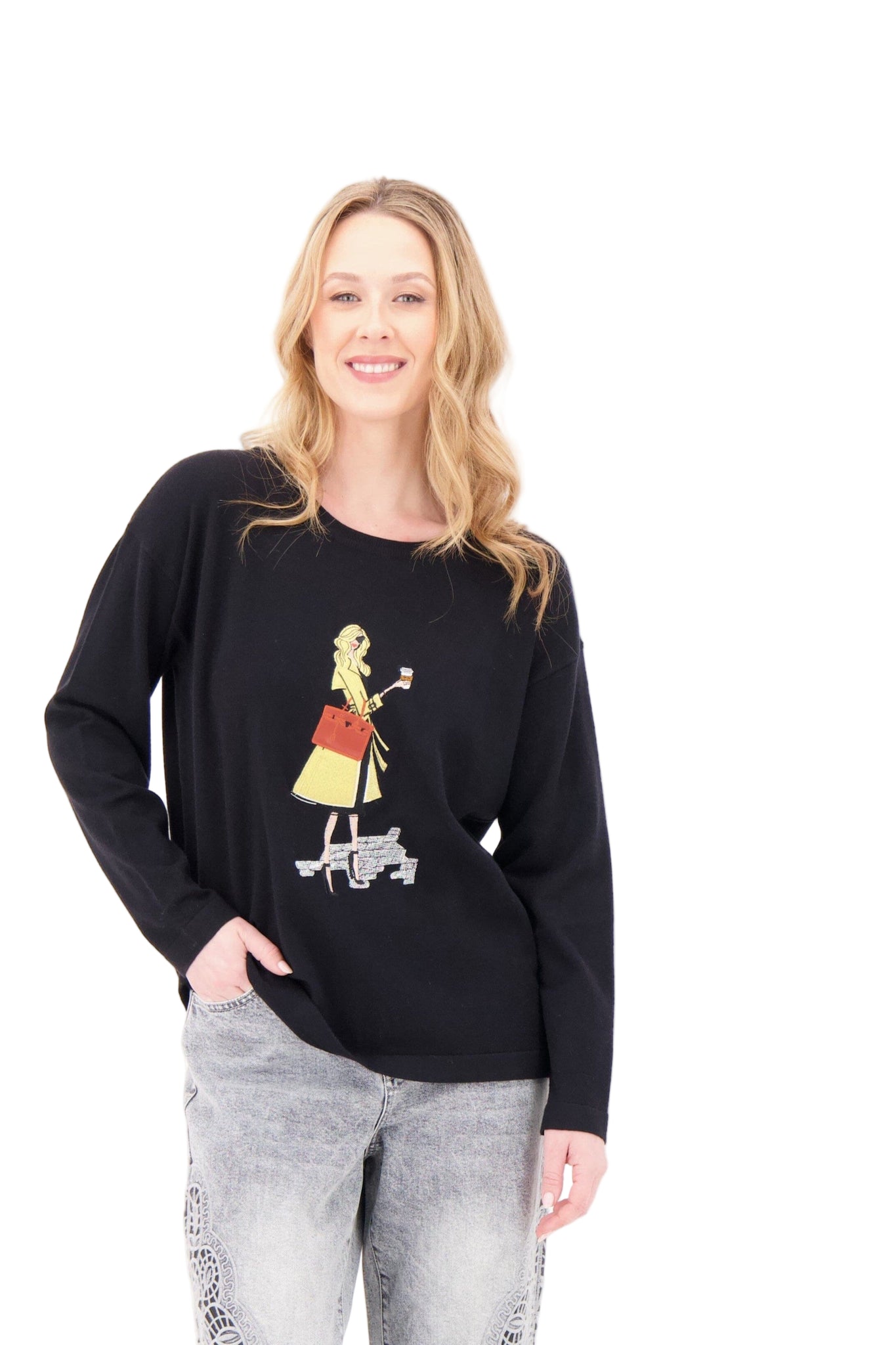 SHOPPING GIRL CREW NECK SWEATER SWEATER Gabby Isabella XS Black 