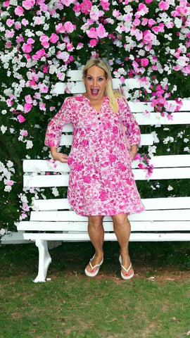 SHORT CAFTAN PINK FLOWER LINEN DRESS Dress CREAM XS Pink Flower 