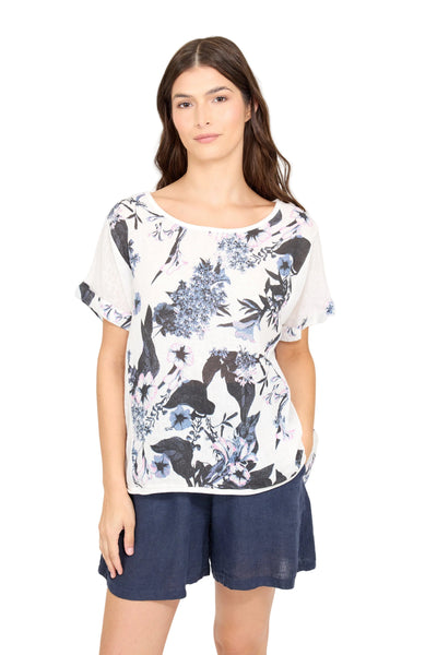 SHORT SLEEVE FLORAL CREW NECK LINEN AND KNITTED TOP Top Pistache XS Blue Floral 