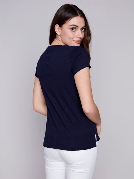 SHORT SLEEVE NAVY COTTON KNIT TOP Top Charlie B. 