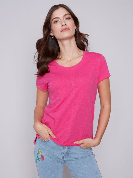 SHORT SLEEVE PINK COTTON KNIT TOP Top Charlie B. 