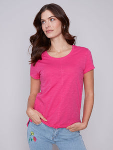 SHORT SLEEVE PINK COTTON KNIT TOP Top Charlie B. S Punch Pink 