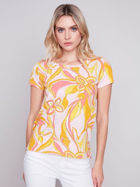 SHORT SLEEVE PRINTED COTTON KNIT TOP Top Charlie B. 