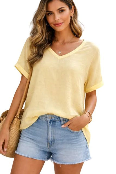 SHORT SLEEVE V NECK LINEN AND KNITTED VISCOSE TOPS Top Pistache 