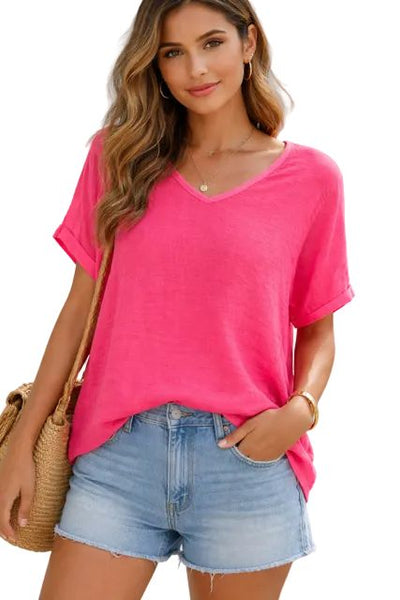SHORT SLEEVE V NECK LINEN AND KNITTED VISCOSE TOPS Top Pistache 