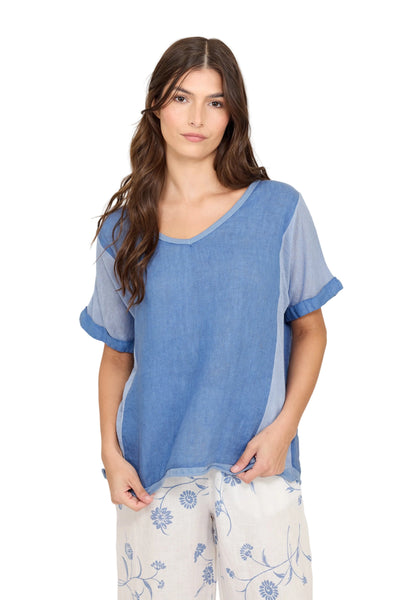 SHORT SLEEVE V NECK LINEN AND KNITTED VISCOSE TOPS Top Pistache XS Ocean Blue 