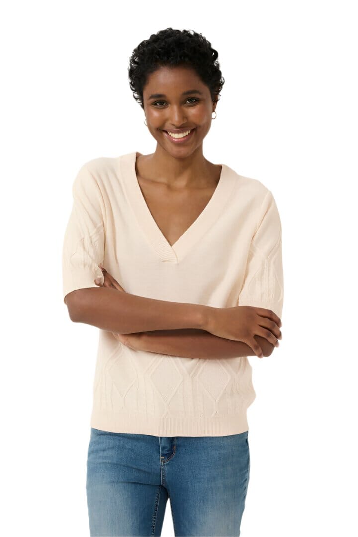 SHORT SLEEVE V NECK WHITE KNIT TOP T-Shirt CULTURE S White 