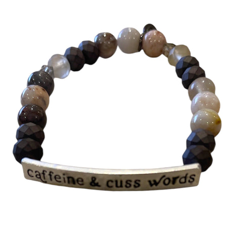 SILVER CAFFEINE AND CUSS WORDS BEADED ELASTIC BRACELET Bracelets FashionWear Collection Mix Brown/ Clear 