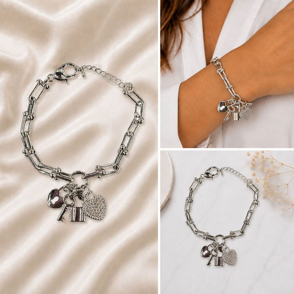 SILVER HEART LOCK PAPERCLIP CHARM BRACELET Bracelet FashionWear Collection 