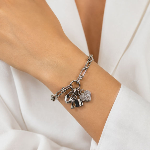 SILVER HEART LOCK PAPERCLIP CHARM BRACELET Bracelet FashionWear Collection 