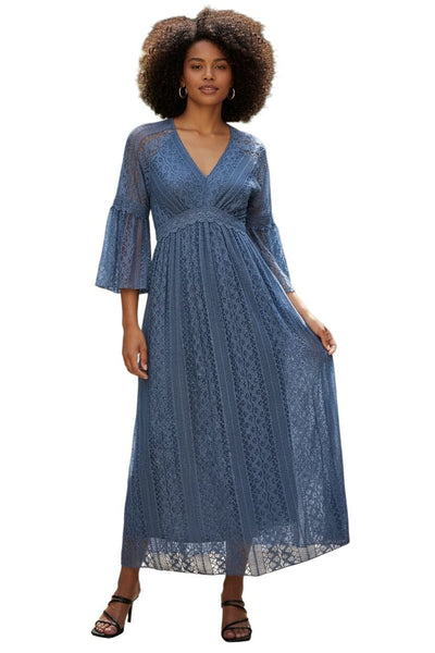 SLATE BLUE LACE LINED LONG DRESS Dress FashionWear Collection 
