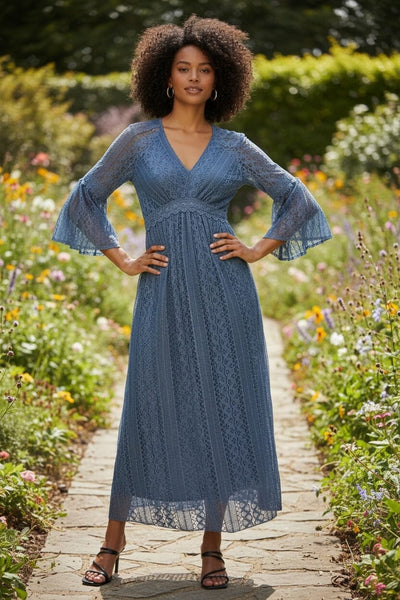 SLATE BLUE LACE LINED LONG DRESS Dress FashionWear Collection 