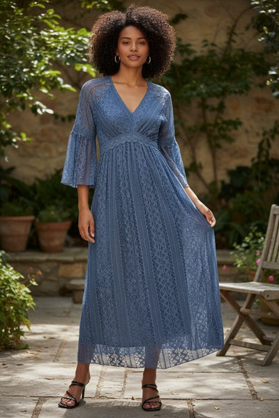 SLATE BLUE LACE LINED LONG DRESS Dress FashionWear Collection 