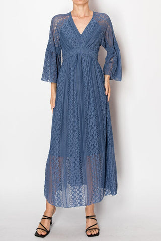 SLATE BLUE LACE LINED LONG DRESS Dress FashionWear Collection 