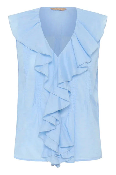 SLEEVELESS BLUE RUFFLE TOP Blouse Culture 