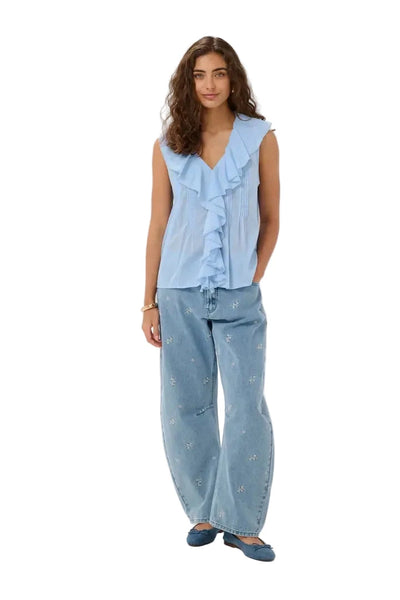 SLEEVELESS BLUE RUFFLE TOP Blouse Culture 