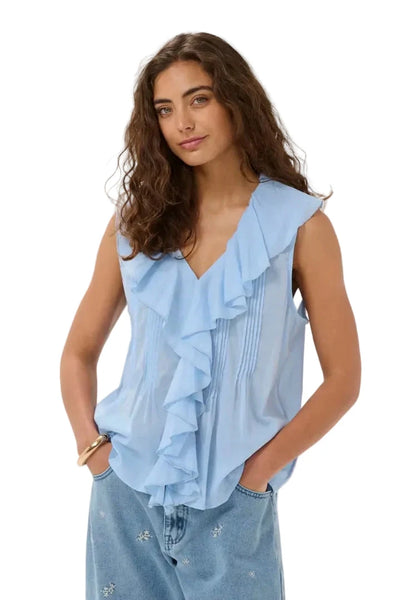 SLEEVELESS BLUE RUFFLE TOP Blouse Culture S Blue 