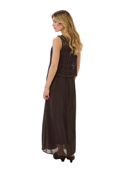 SLEEVELESS BROWN EMBROIDERED OVERLAY DRESS Dresses CREAM 