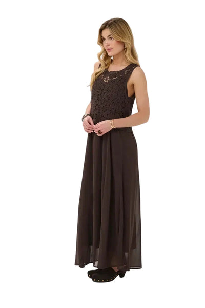 SLEEVELESS BROWN EMBROIDERED OVERLAY DRESS Dresses CREAM 