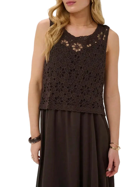 SLEEVELESS BROWN EMBROIDERED OVERLAY DRESS Dresses CREAM 