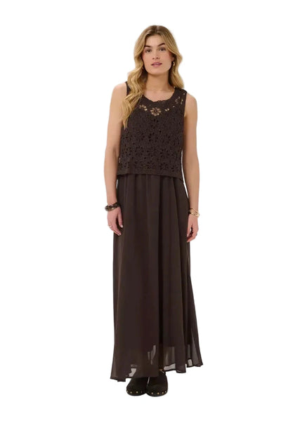 SLEEVELESS BROWN EMBROIDERED OVERLAY DRESS Dresses CREAM 36 Brown 