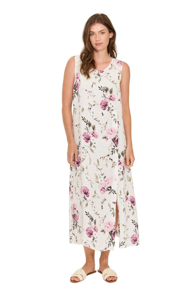 SLEEVELESS SIDE BUTTON LINEN DRESS IN ENGLISH GARDEN PRINT Dress Pistache XS English garden print 