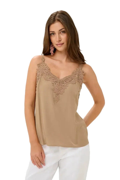 SLEEVELESS TANK WITH LACE DETAIL NECKLINE Tank Top CREAM 36 Taupe 
