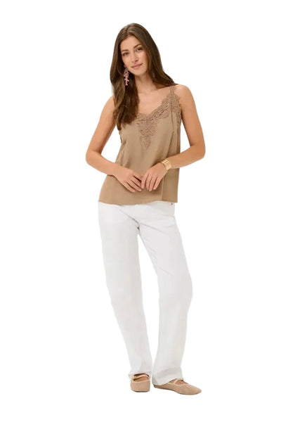 SLEEVELESS TANK WITH LACE DETAIL NECKLINE Tank Top CREAM 