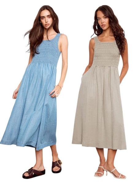 SMOCKED TANK LONG DRESS WITH SIDE POCKETS Dresses Charlie B 