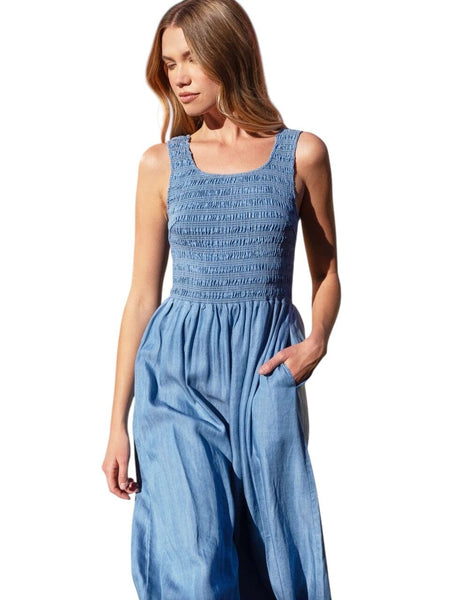 SMOCKED TANK LONG DRESS WITH SIDE POCKETS Dresses Charlie B S Blue 