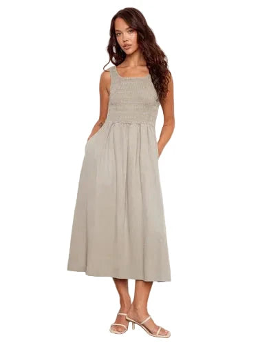 SMOCKED TANK LONG DRESS WITH SIDE POCKETS Dresses Charlie B S Sage 