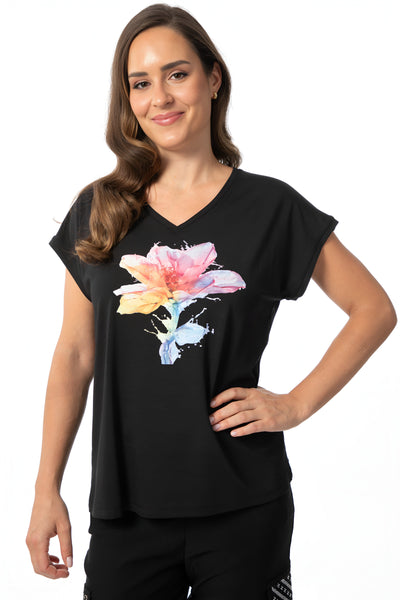 SOFT FLOWER VNECK TSHIRT Top Bali XS Black 