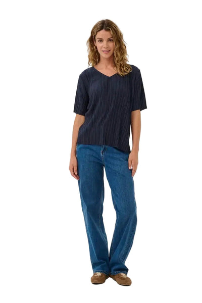 SOFT PLEATED V NECK NAVY TOP Shirts & Tops CREAM 