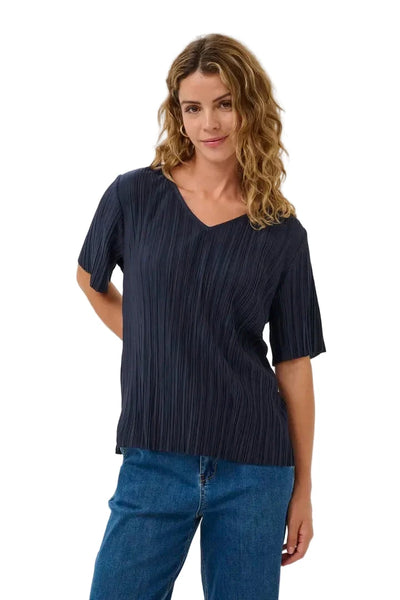 SOFT PLEATED V NECK NAVY TOP Shirts & Tops CREAM S Navy 