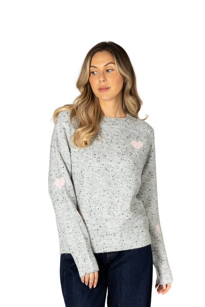 SPECKLED GREY PINK HEART DETAIL SWEATER SWEATER LYLA + LUXE XS Concrete/Blossom 