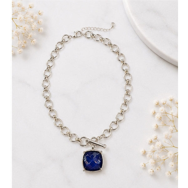 SQUARE BLUE PENDANT CHAIN LINK NECKLACE Necklaces FashionWear Collection 