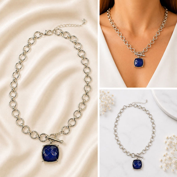 SQUARE BLUE PENDANT CHAIN LINK NECKLACE Necklaces FashionWear Collection 