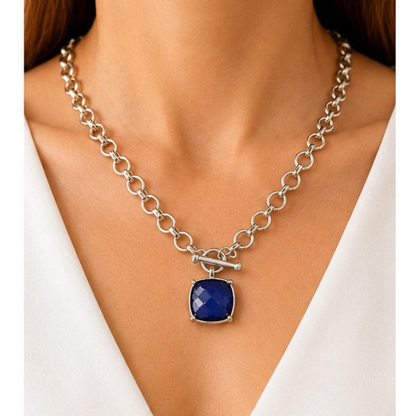 SQUARE BLUE PENDANT CHAIN LINK NECKLACE Necklaces FashionWear Collection 