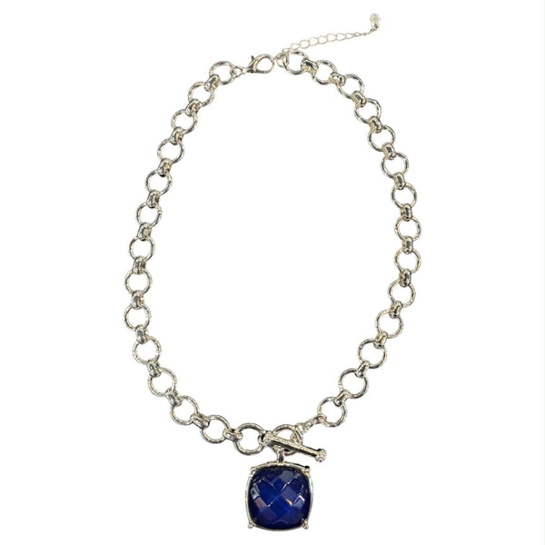 SQUARE BLUE PENDANT CHAIN LINK NECKLACE Necklaces FashionWear Collection Blue 