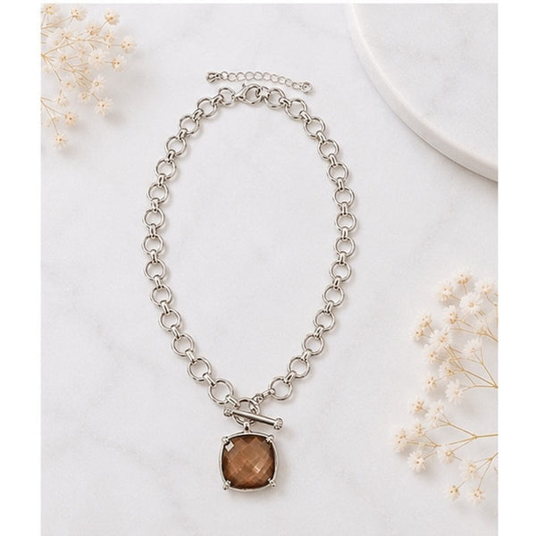 SQUARE BROWN PENDANT CHAIN LINK NECKLACE Necklaces FashionWear Collection 