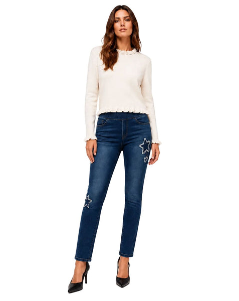 STAR APPLIIQUE MID RISE SLIM LEG PULL ON JEAN Jeans GG 4 Blue 