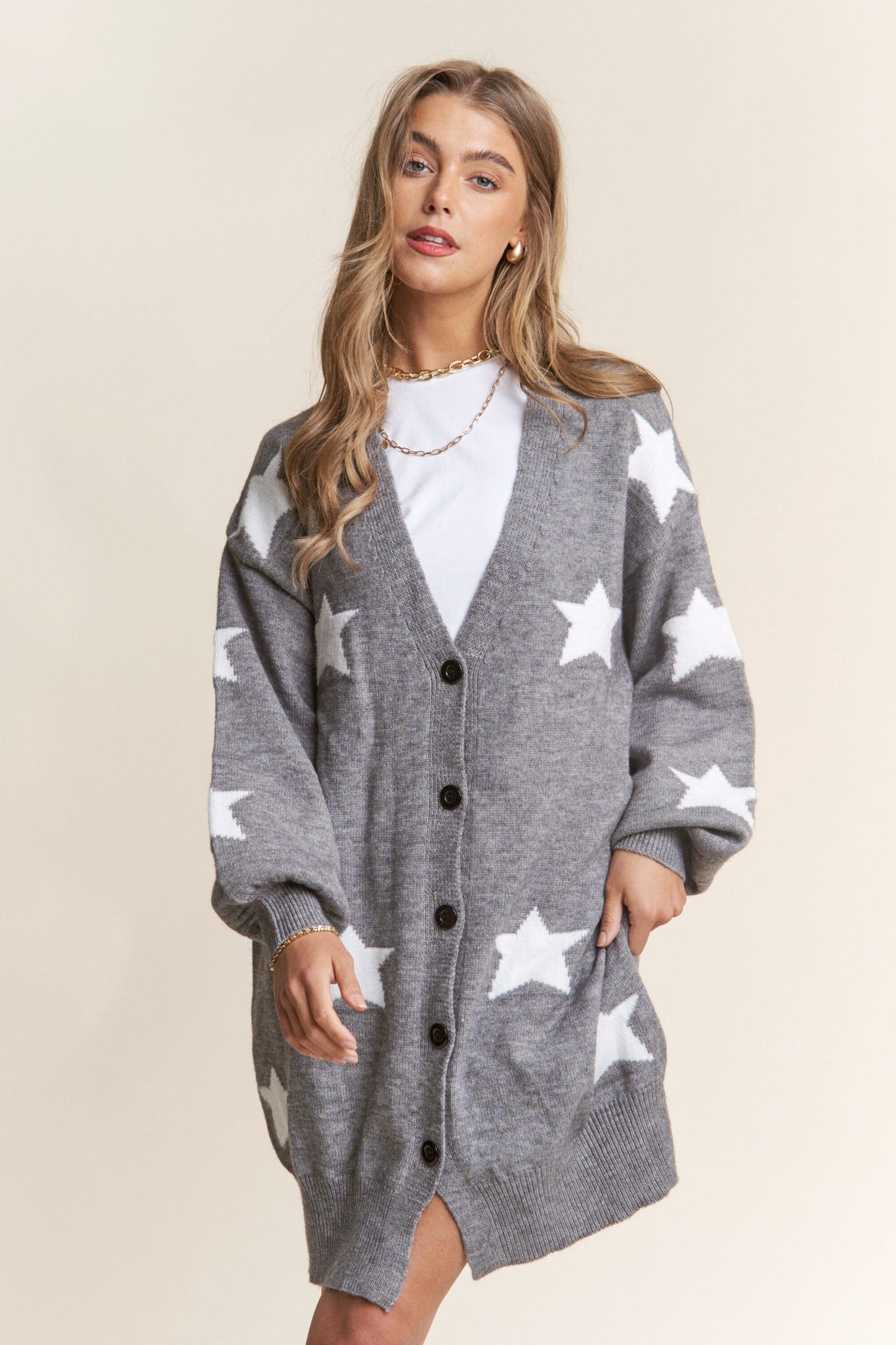 STAR BUTTON DOWN GREY KNIT CARDIGAN Cardigan FashionWear Collection S Grey/White Stars 