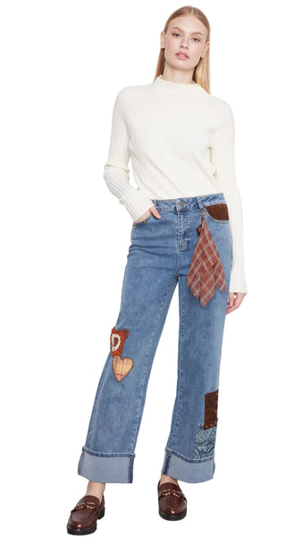 STRAIGHT LEG CUFFED PANTS WITH PATCHES AND STUDS PANTS Jeans Charlie B. 2 Medium Blue 