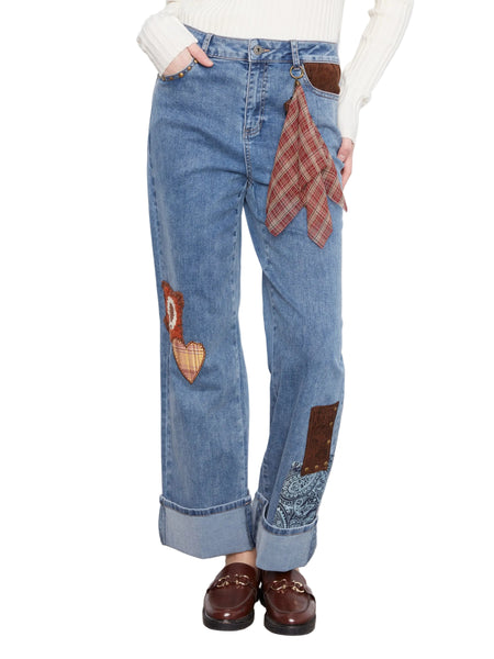 STRAIGHT LEG CUFFED PANTS WITH PATCHES AND STUDS PANTS Jeans Charlie B. 