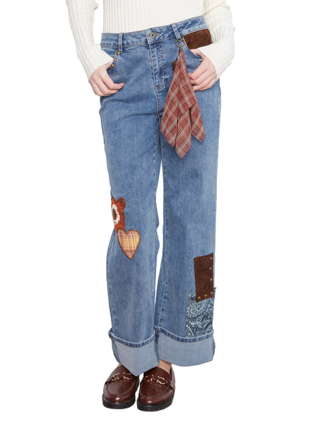 STRAIGHT LEG CUFFED PANTS WITH PATCHES AND STUDS PANTS Jeans Charlie B. 